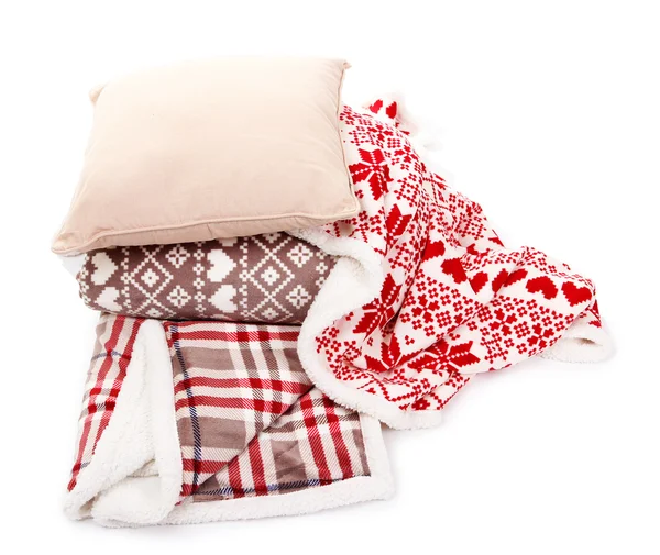 Warm plaids and pillow isolated on white — Stock Photo, Image