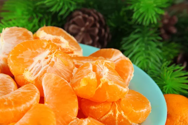 Tangerinas maduras em tigela com ramo de abeto fechar — Fotografia de Stock