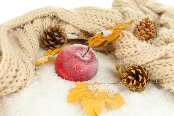 Roter Apfel im Schnee aus nächster Nähe — Stockfoto
