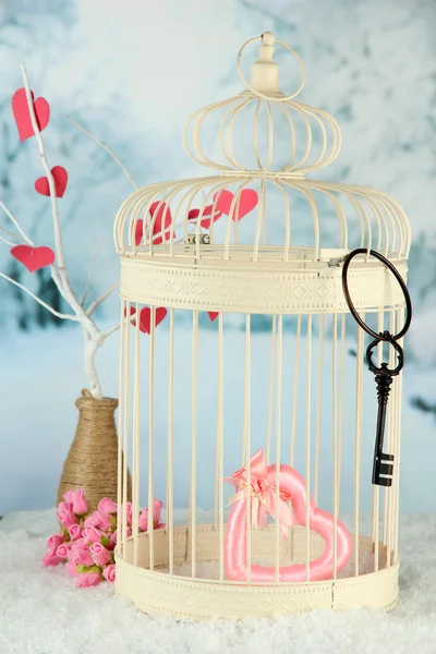 Herz im dekorativen Käfig auf winterlichem Hintergrund — Stockfoto