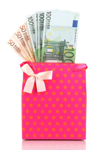 Geschenkdoos met geld geïsoleerd op wit — Stockfoto