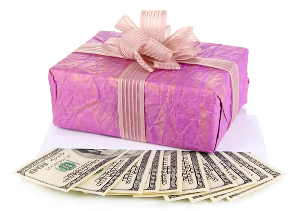 Caja de regalo con dinero aislado en blanco —  Fotos de Stock