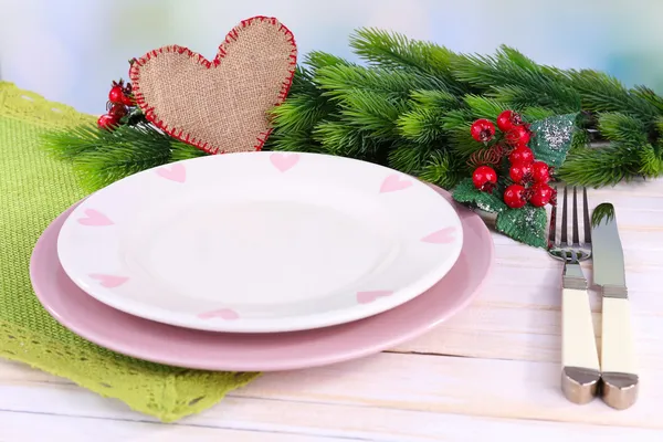 Set of utensil for romantic dinner, on table, on light background — Stock Photo, Image