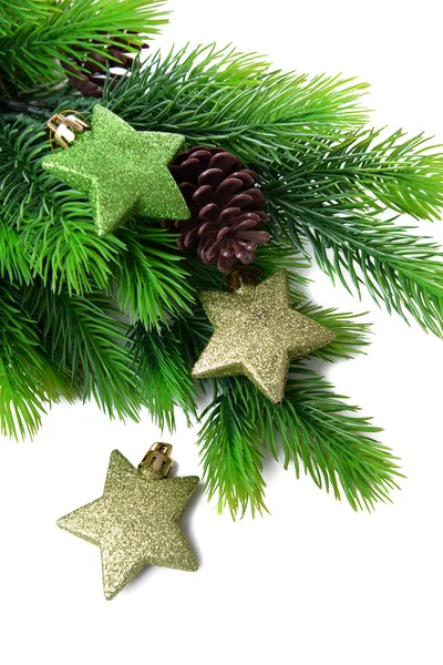 Christmas decorative stars on fir tree, isolated on white — Stock Photo, Image