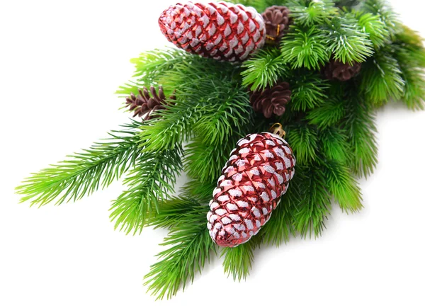 Christmas decorations on fir tree, isolated on white — Stock Photo, Image