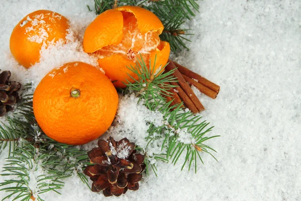 Mandarinas maduras con rama de abeto en nieve de cerca — Foto de Stock