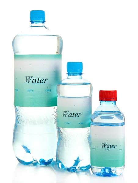 Different water bottles with label isolated on white — Stock Photo, Image