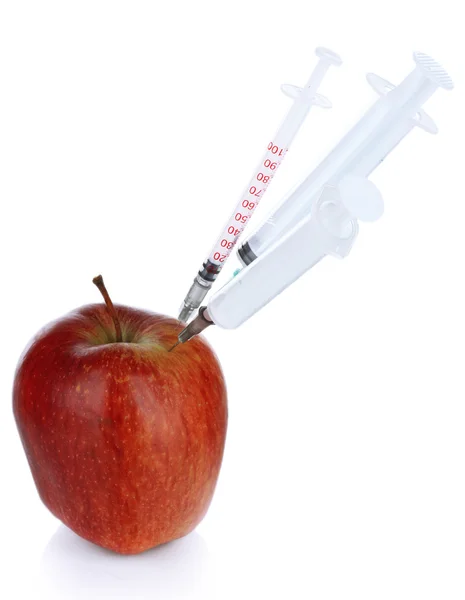 Injection into fresh red apple isolated on white — Stock Photo, Image