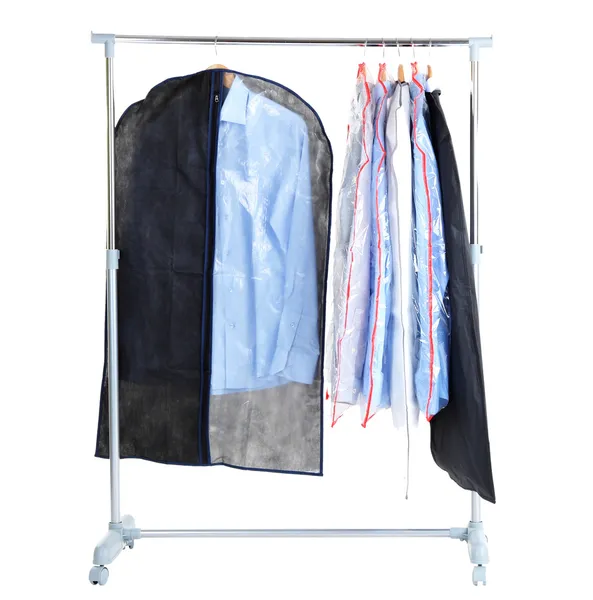 Office male shirts in cases for storing on hangers, isolated on white — Stock Photo, Image