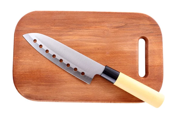 Kitchen knife and wooden cutting board ,isolated on white — Stock Photo, Image