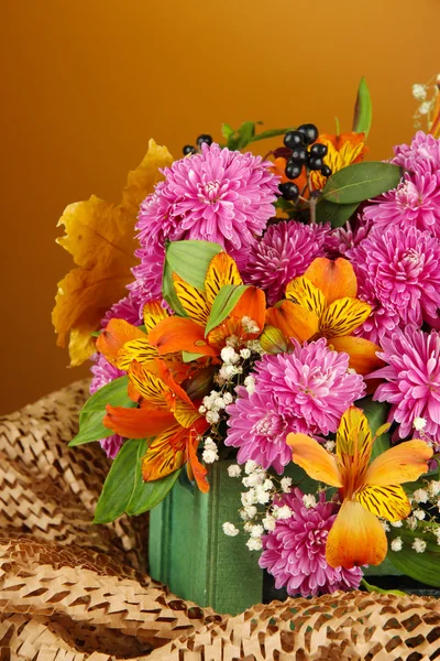Квіти композиція в ящику на столі на коричневому фоні — стокове фото