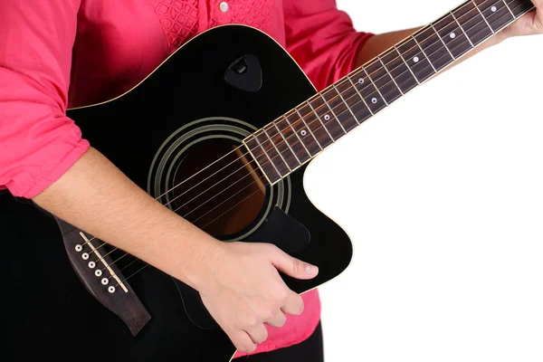 Chitarra acustica in mani femminili, isolata su bianco — Foto Stock