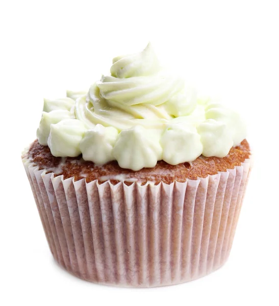 Sabroso cupcake con crema de mantequilla, aislado en blanco — Foto de Stock