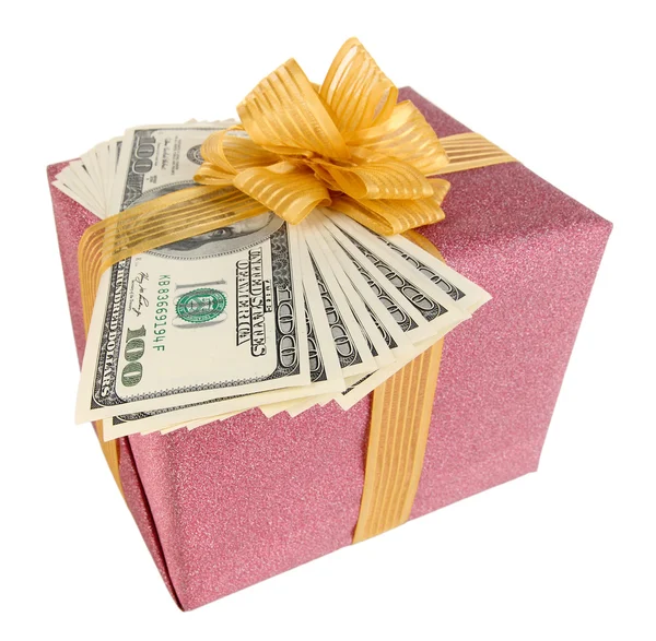 Gift box with money isolated on white — Stock Photo, Image