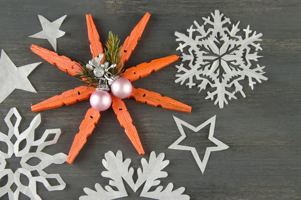 Beautiful snowflakes on wooden background — Stock Photo, Image