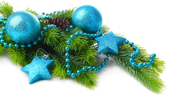 Christmas balls and decorative stars on fir tree, isolated on white — Stock Photo, Image