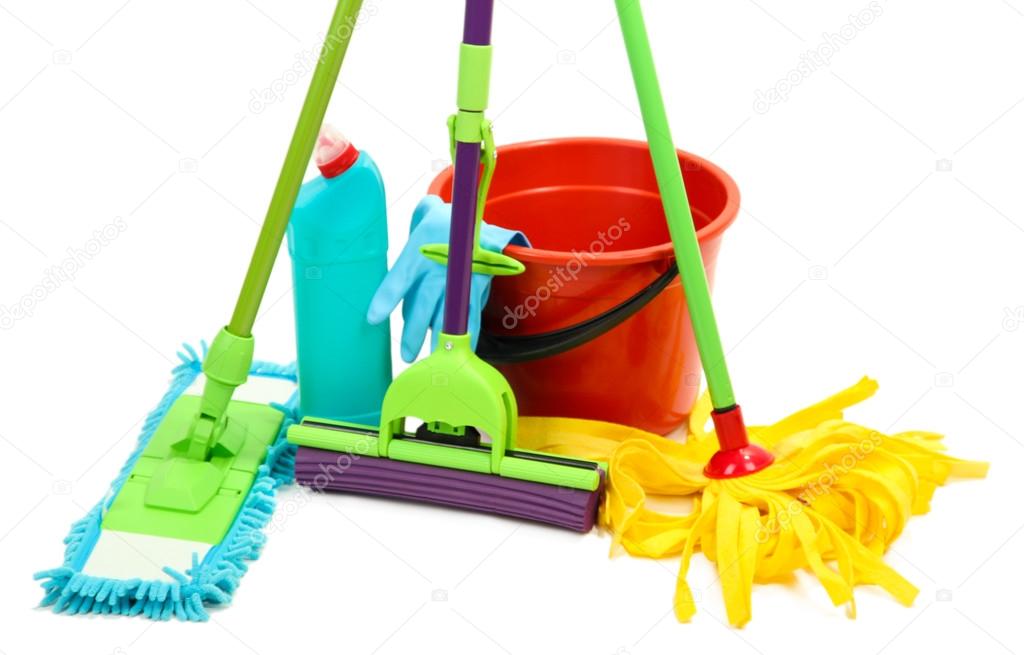 Mops, plastic bucket and rubber gloves, isolated on white