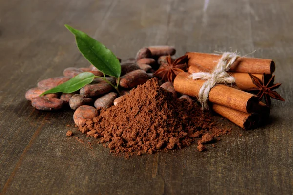 Frijoles de cacao, cacao en polvo y especias sobre fondo de madera — Foto de Stock