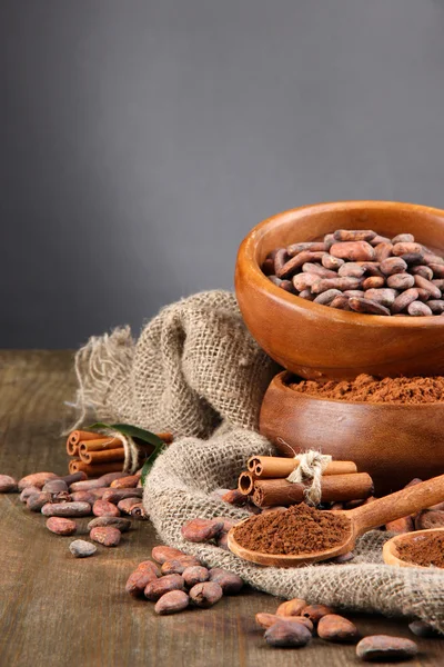 Cocoa powder and cocoa beans on grey background — Stock Photo, Image