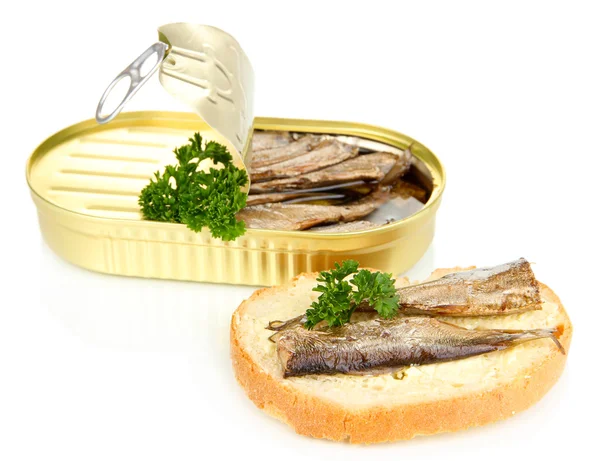Avoin tinapurkki sardiineilla ja maukas voileipä, eristetty valkoisella — kuvapankkivalokuva