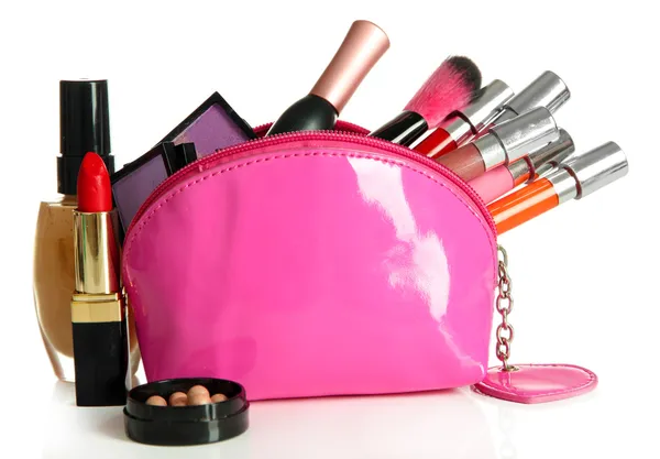 Mooie make-up tas met cosmetica, geïsoleerd op wit — Stockfoto