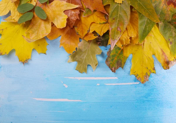 Cadre de feuilles d'automne sur table en bois close-up — Photo