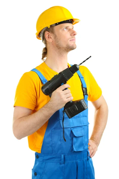 Retrato de joven constructor aislado en blanco —  Fotos de Stock