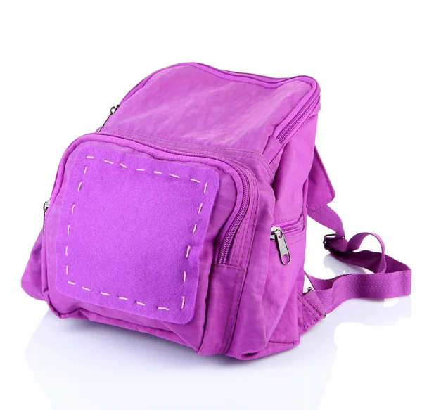 Purple backpack supplies isolated on white — Stock Photo, Image