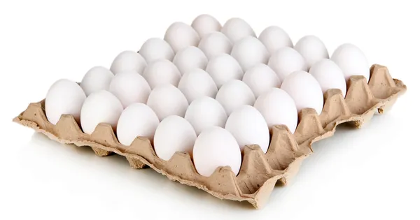 Eggs in paper tray isolated on white — Stock Photo, Image