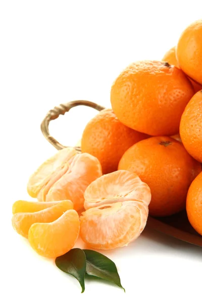 Ripe tangerines on metal tray isolated on white — Stock Photo, Image