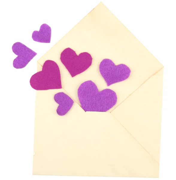 Mooie oude envelop met decoratieve harten, geïsoleerd op wit — Stockfoto