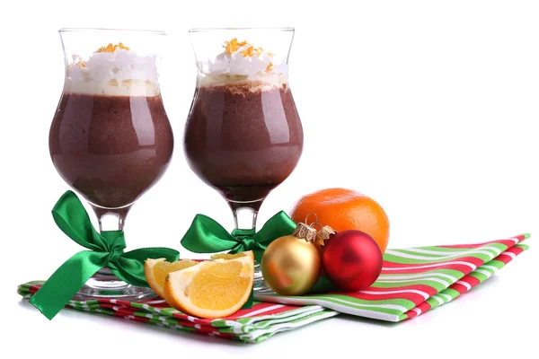 Tasty dessert with chocolate, cream and orange sauce, isolated on white — Stock Photo, Image