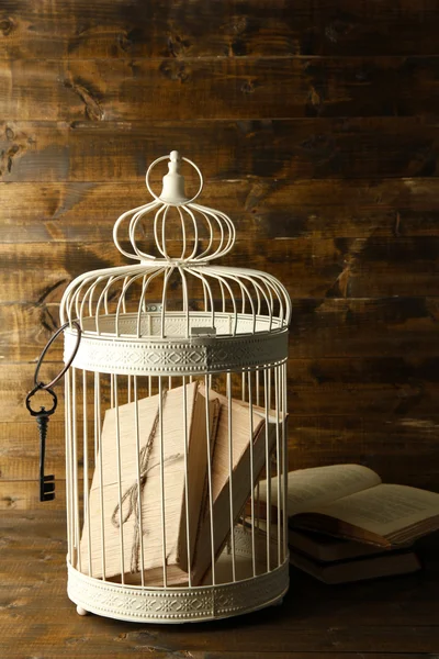 Books in decorative cage on wooden background — Stock Photo, Image