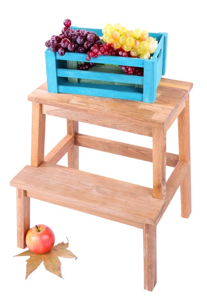 Wooden box with fruits, on small wooden ladder, isolated on white — Stock Photo, Image