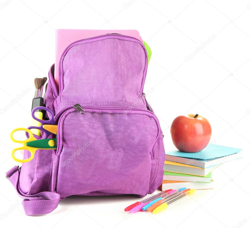 Purple backpack with school supplies isolated on white — Stock Photo
