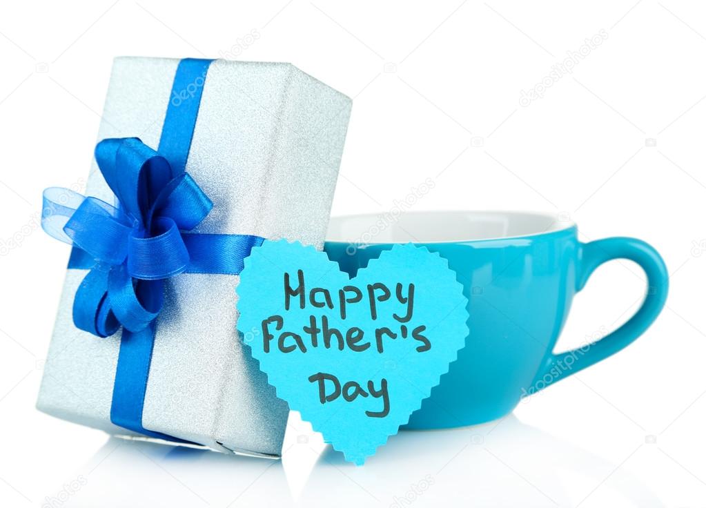 Happy Fathers Day tag with gift box and cup, isolated on white