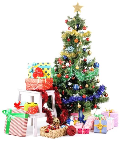 Decorated Christmas tree with gifts isolated on white — Stock Photo, Image