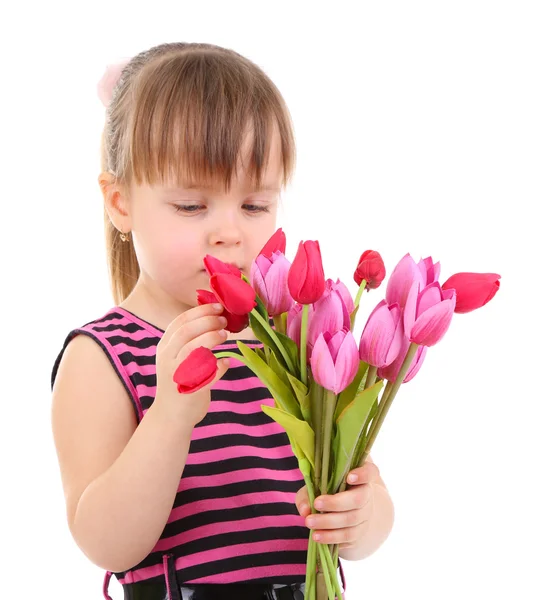 Beautiful little girl holding bouquet isolated on white — Stock Photo, Image