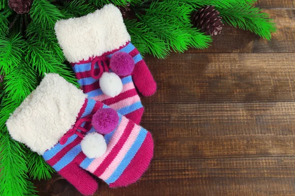 Striped mittens with fir wooden background — Stock Photo, Image