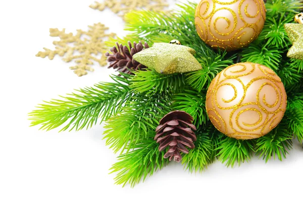 Christmas balls and decorative stars on fir tree, isolated on white — Stock Photo, Image