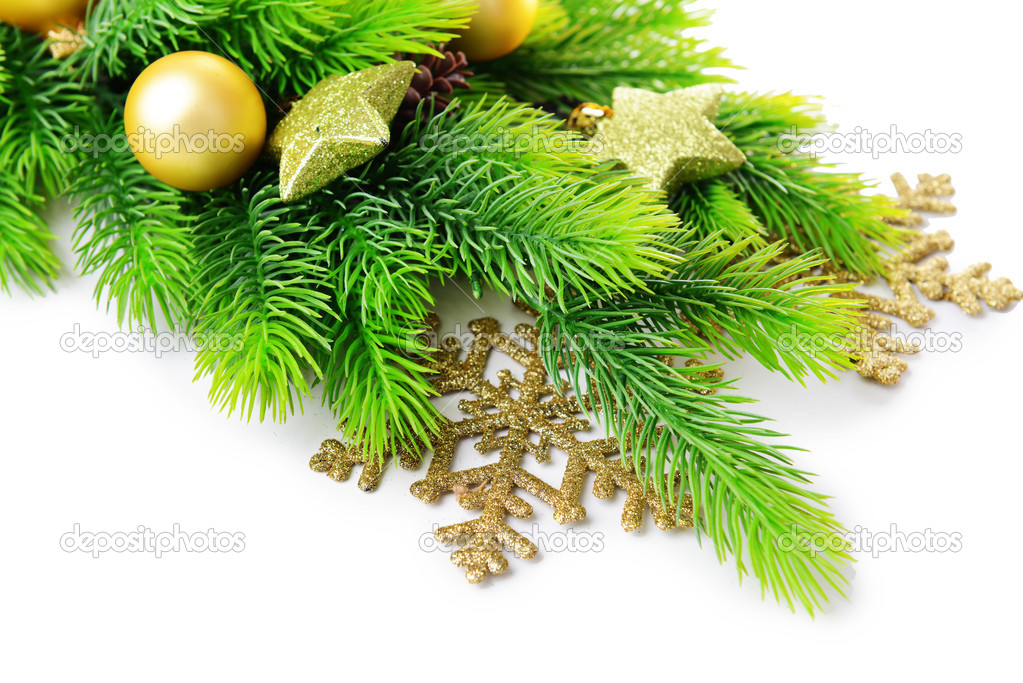Christmas decorative snowflakes on fir tree, isolated on white