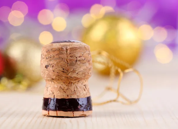 Sughero Champagne su sfondo luci di Natale — Foto Stock