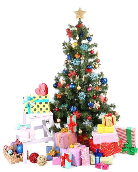 Decorated Christmas tree with gifts isolated on white — Stock Photo, Image