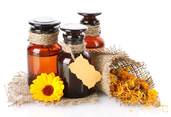 Medicine bottles and calendula, isolated on white — Stock Photo, Image