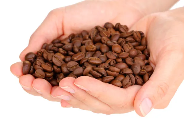 Coffee beans in hands close-up — Stock Photo, Image