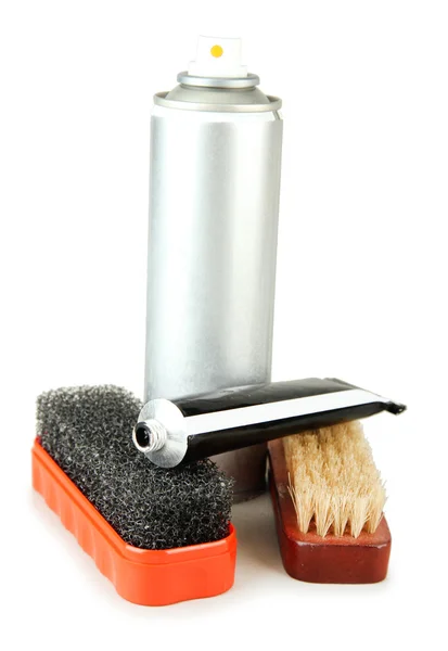 Set of stuff for cleaning and polish shoes, on color background — Stock Photo, Image