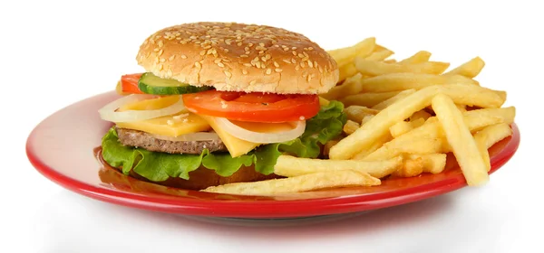 Gustoso cheeseburger con patate fritte, isolato su bianco — Foto Stock