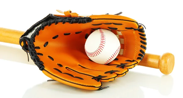 Baseball glove, bat and ball isolated on white — Stock Photo, Image