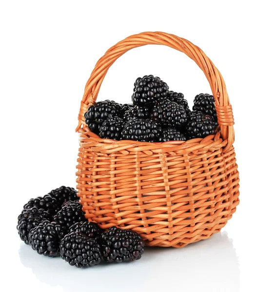 Sweet blackberries in wicker basket isolate on white — Stock Photo, Image