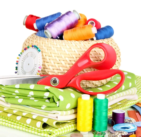 Wicker basket with accessories for needlework isolated on white — Stock Photo, Image